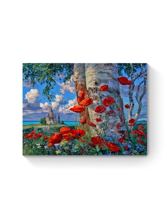 Алмазная мозаика на подрамнике «Маки у берёз» 50x40 см, 50 цветов