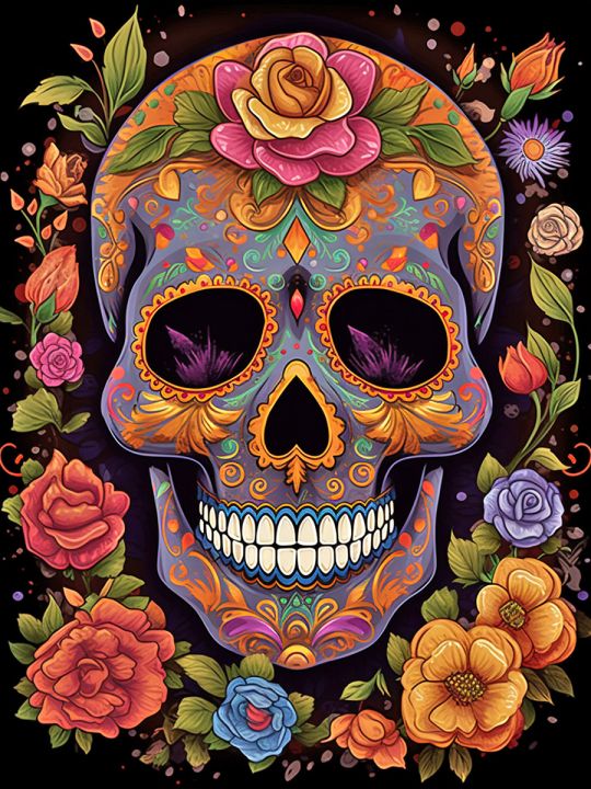 Алмазная мозаика без подрамника «Череп в цветах» 50x40 см