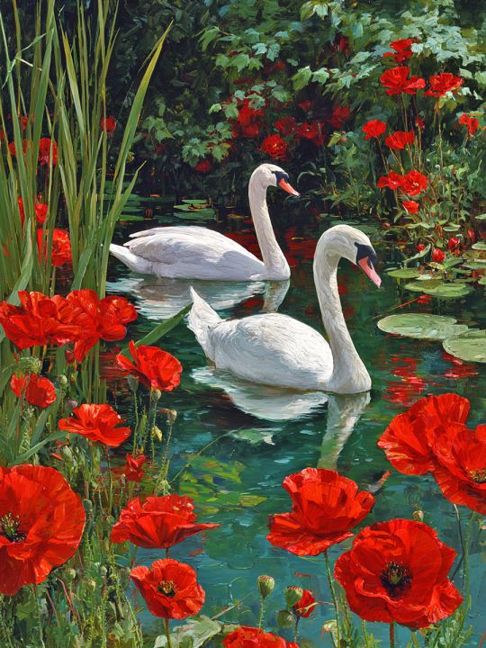 Алмазная мозаика без подрамника «Лебеди в цветах» 40x30 см