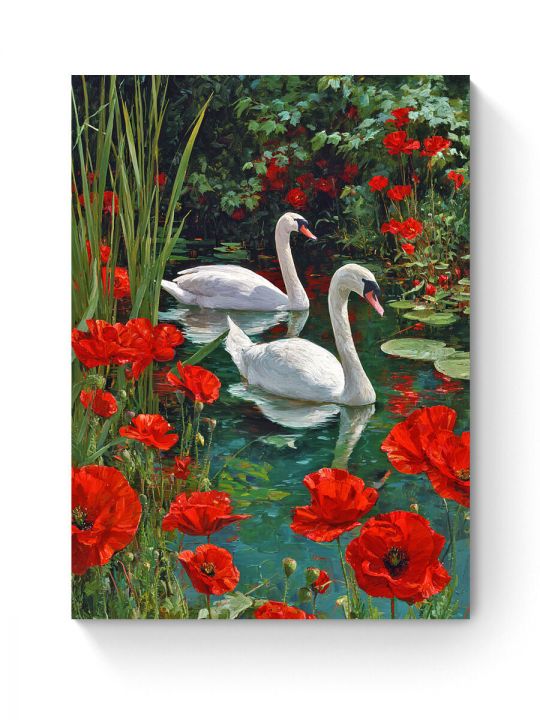 Алмазная мозаика на подрамнике «Лебеди в цветах» 50x40 см