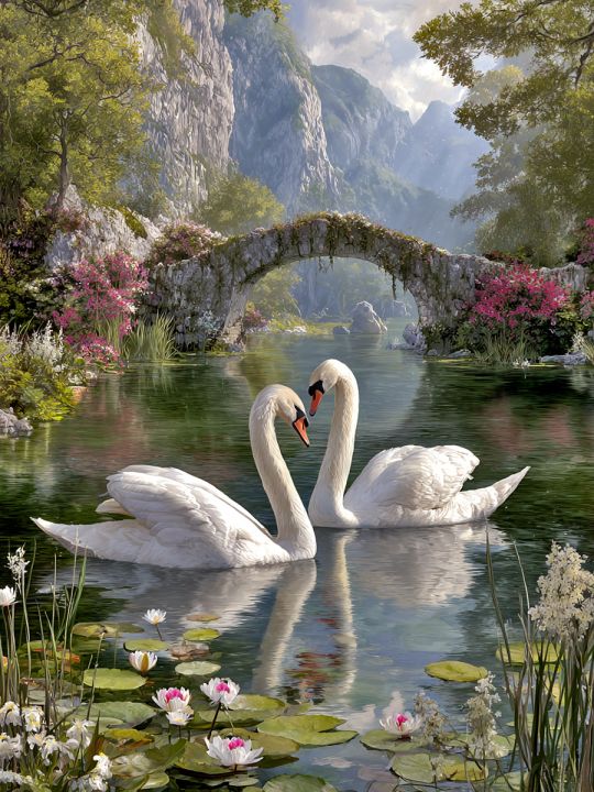 Алмазная мозаика без подрамника «Лебеди на озере» 40x30 см