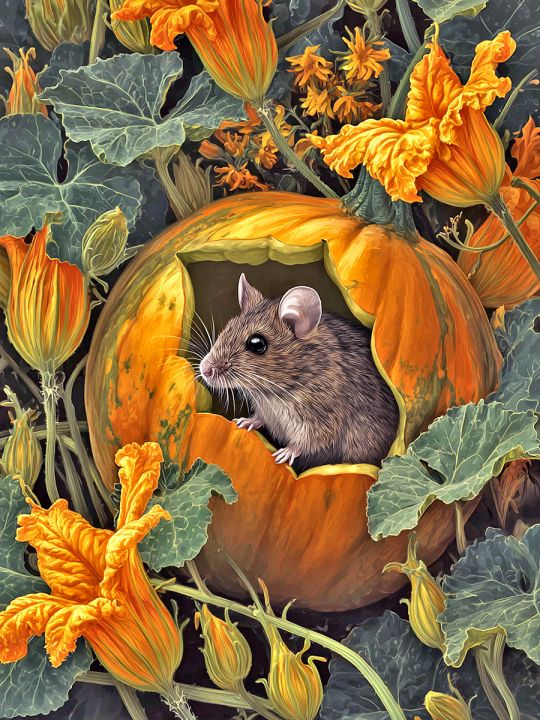 Алмазная мозаика без подрамника «Мышка в тыкве» 40x30 см