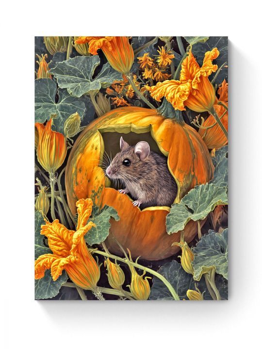 Алмазная мозаика на подрамнике «Мышка в тыкве» 70x50 см