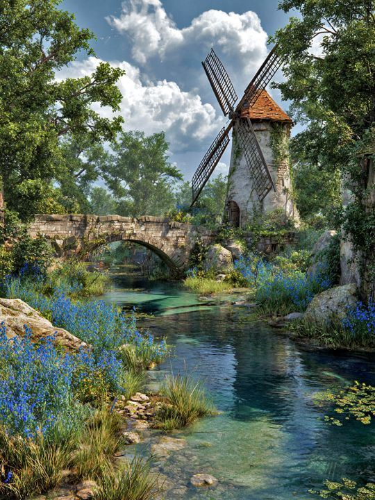 Алмазная мозаика без подрамника «Старая мельница» 50x40 см