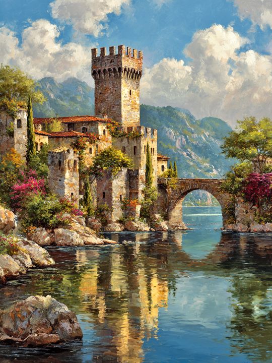 Алмазная мозаика без подрамника «Замок у воды» 90x70 см