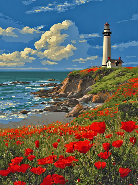 Алмазная мозаика без подрамника «Маяк и маки» 130x100 см