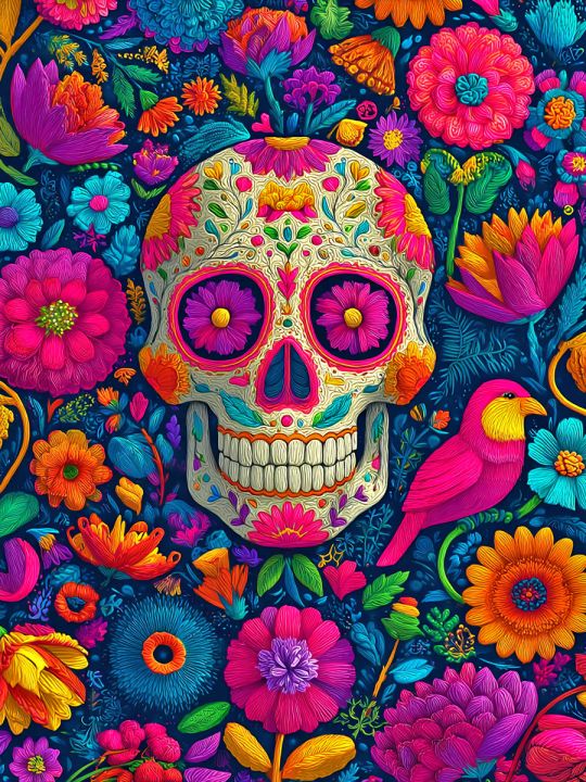 Алмазная мозаика без подрамника «Череп в цветах» 50x40 см