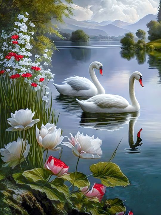 Алмазная мозаика без подрамника «Лебеди» 60x45 см