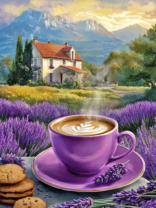 Алмазная мозаика без подрамника «Лавандовый кофе» 90x70 см