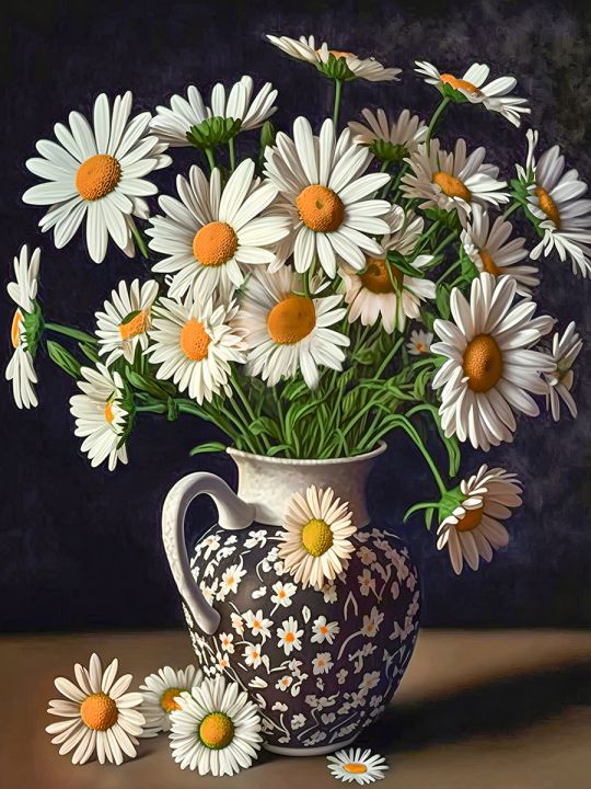 Алмазная мозаика без подрамника «Ромашки в вазе» 90x70 см