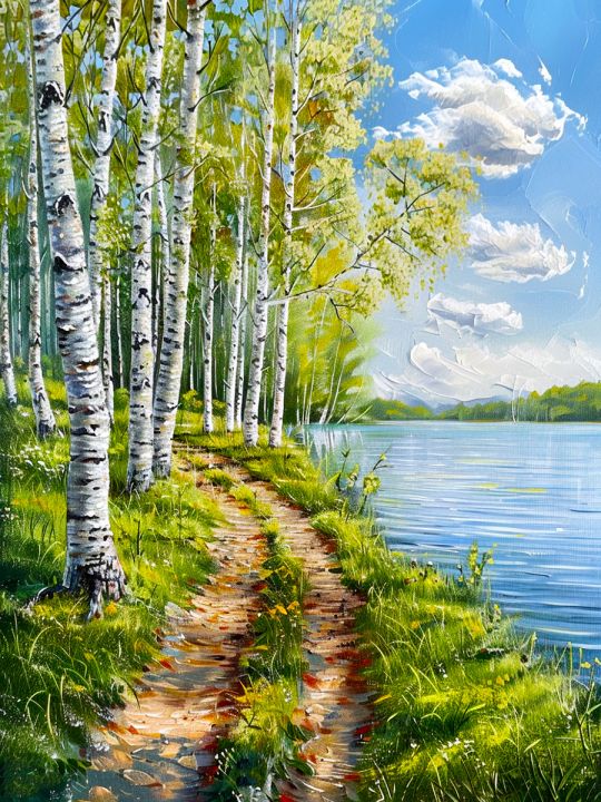 Алмазная мозаика без подрамника «Березки у воды» 25x20 см