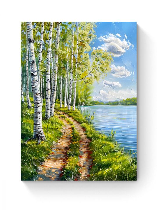 Алмазная мозаика на подрамнике «Березки у воды» 35x25 см