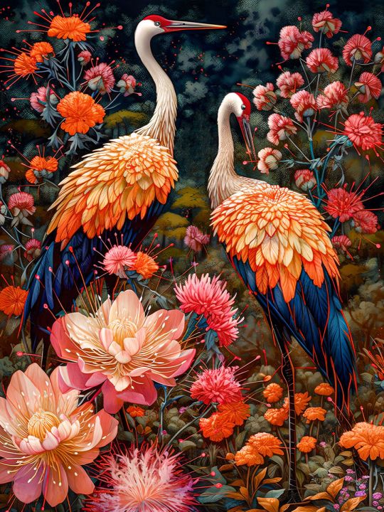 Алмазная мозаика без подрамника «Цапли в цветах» 70x50 см