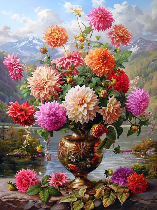 Алмазная мозаика без подрамника «Георгины» 25x20 см