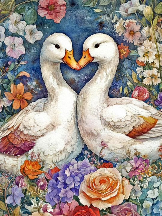 Алмазная мозаика без подрамника «Гуси обнимуси» 130x100 см
