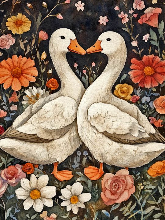 Алмазная мозаика без подрамника «Гуси обнимуси» 70x50 см