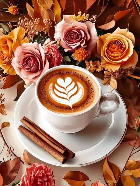 Алмазная мозаика без подрамника «Кофе и цветы» 35x25 см