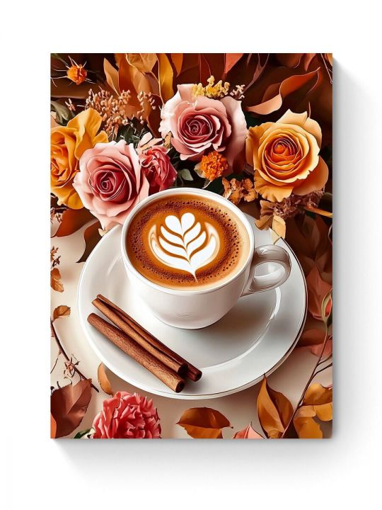Алмазная мозаика на подрамнике «Кофе и цветы» 70x50 см