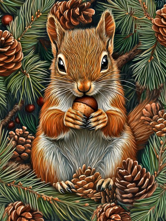 Алмазная мозаика без подрамника «Белка с орехом» 25x20 см