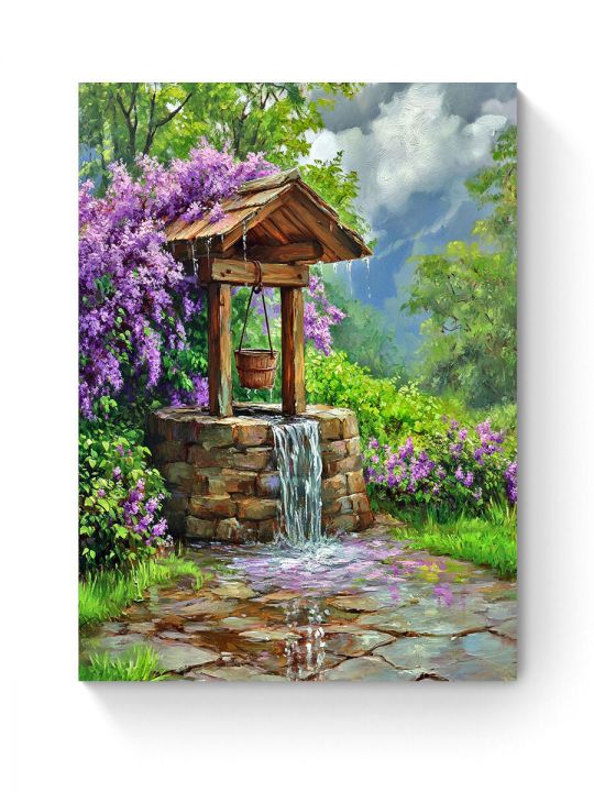 Алмазная мозаика на подрамнике «Колодец в саду» 50x40 см