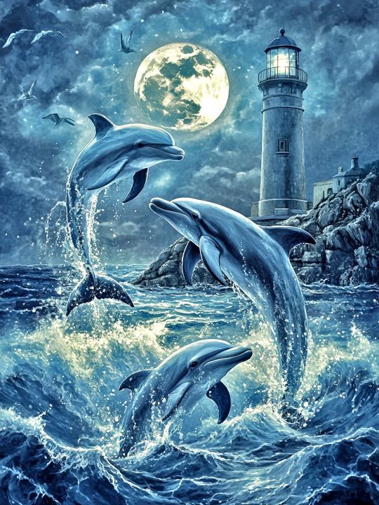 Алмазная мозаика без подрамника «Дельфины» 130x100 см