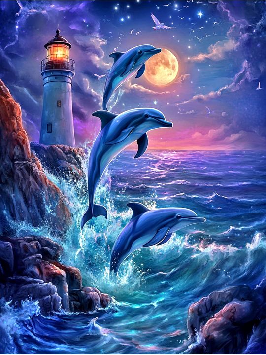 Алмазная мозаика без подрамника «Море и дельфины» 25x20 см