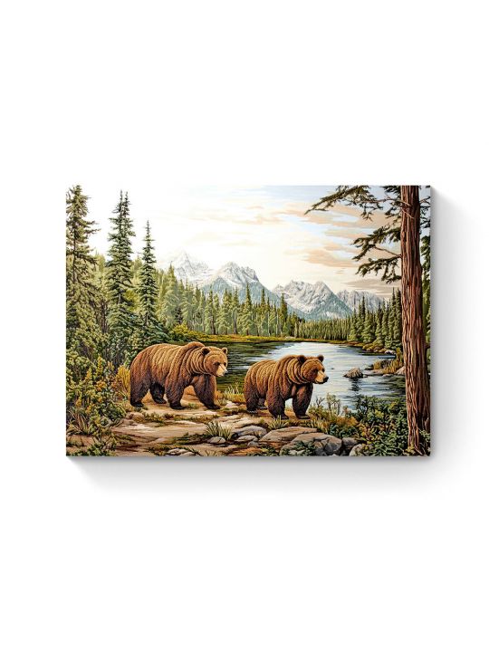 Алмазная мозаика на подрамнике «Медведи у озера» 50x40 см