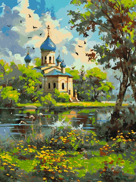 Картина по номерам без подрамника «Храм у реки» 130x100 см