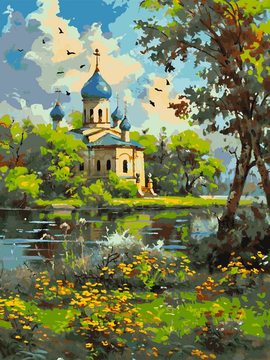 Картина по номерам без подрамника «Храм у реки» 80x60 см