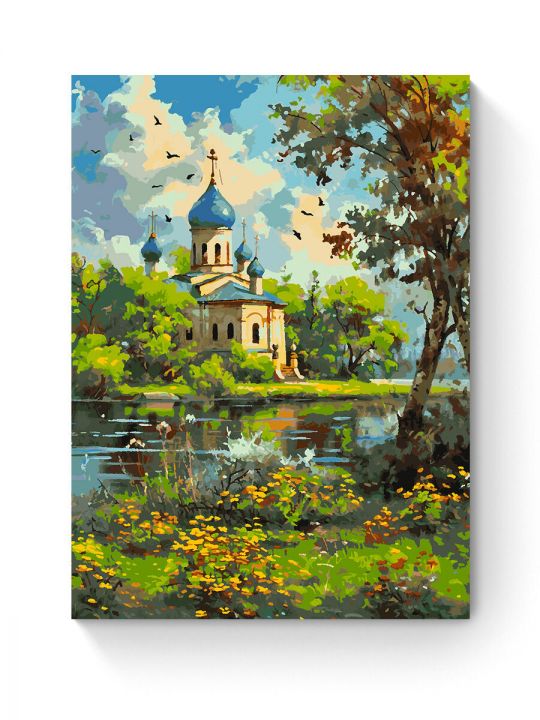Картина по номерам на подрамнике «Храм у реки» 90x70 см