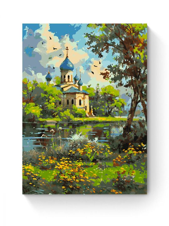 Картина по номерам на подрамнике «Храм у реки» 80x60 см