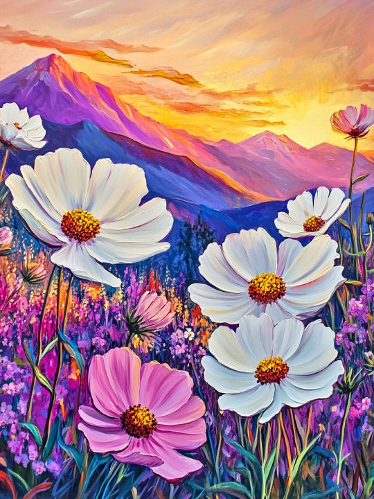 Алмазная мозаика без подрамника «Космея в горах» 60x45 см