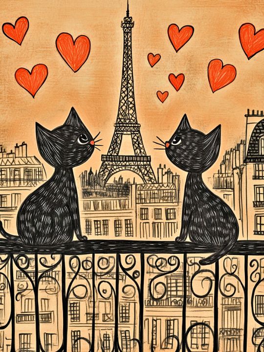 Алмазная мозаика без подрамника «Коты Парижа» 50x40 см