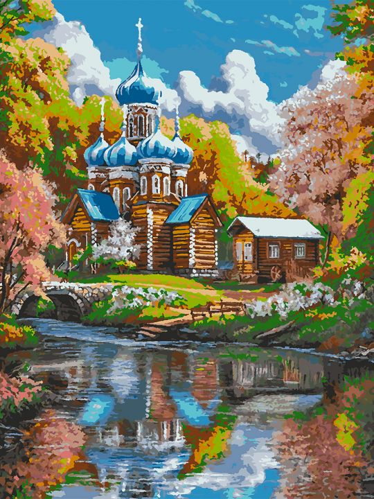 Картина по номерам без подрамника «Храм у реки» 90x70 см
