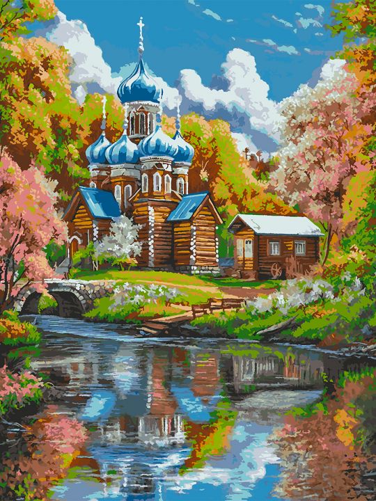 Картина по номерам без подрамника «Храм у реки» 130x100 см