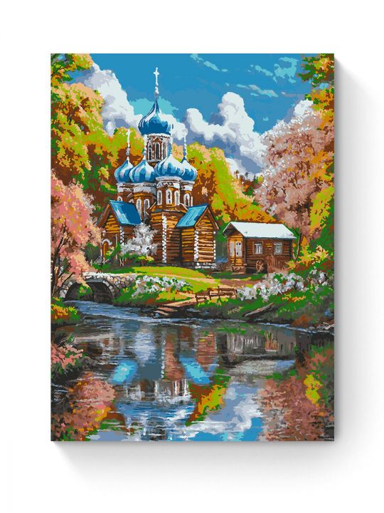 Картина по номерам на подрамнике «Храм у реки» 90x70 см