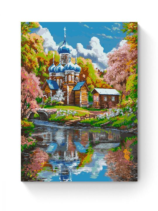 Картина по номерам на подрамнике «Храм у реки» 80x60 см