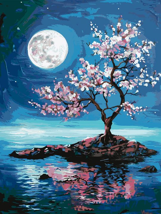 Картина по номерам без подрамника «Луна и сакура» 130x100 см