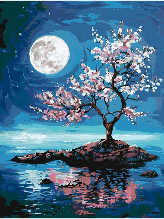 Картина по номерам без подрамника «Луна и сакура» 80x60 см