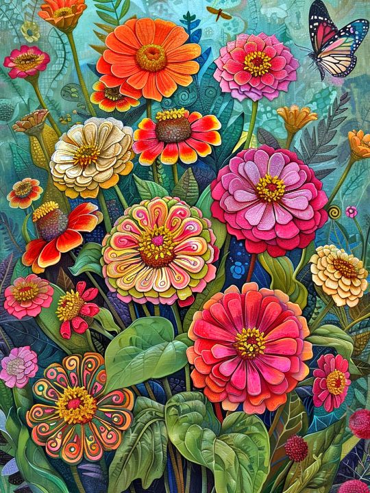 Алмазная мозаика без подрамника «Букет циний» 130x100 см