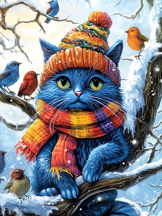 Алмазная мозаика без подрамника «Кот на дереве» 35x25 см