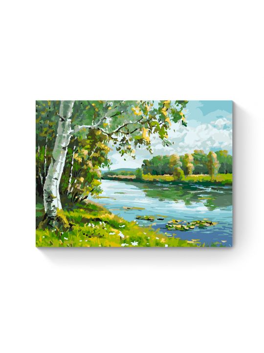 Картина по номерам на подрамнике «Береза у реки» 35x25 см