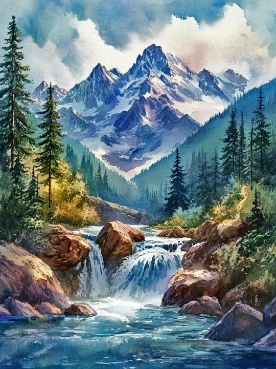 Алмазная мозаика без подрамника «Горная река» 40x30 см