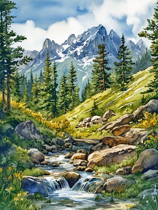 Алмазная мозаика без подрамника «Горная речка» 35x25 см