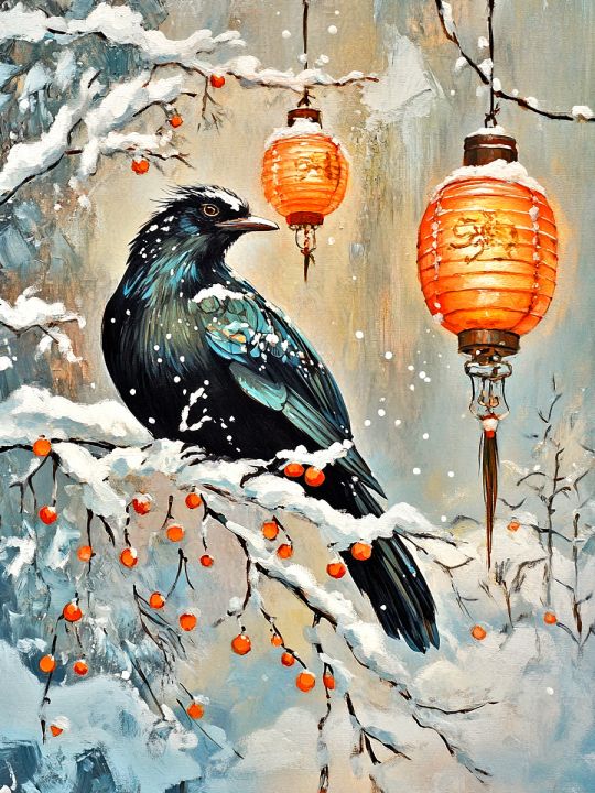 Алмазная мозаика без подрамника «Ворон на ветке» 50x40 см