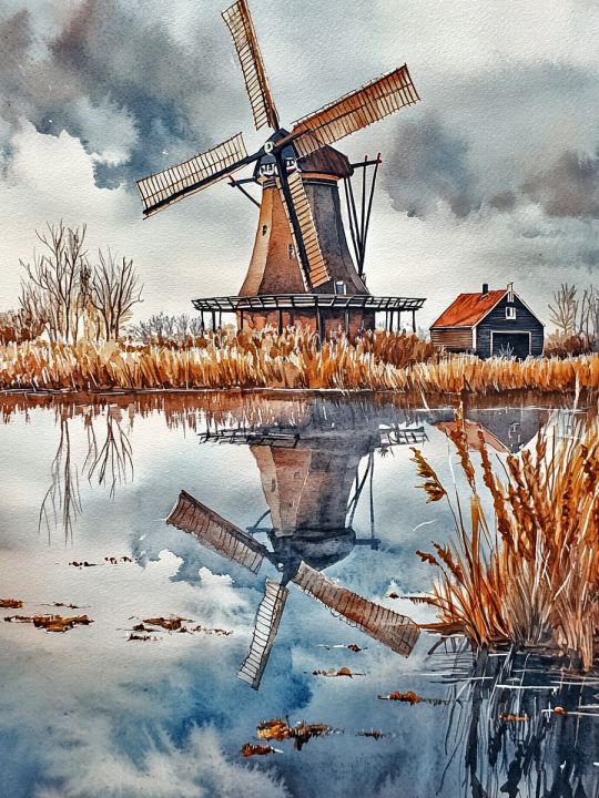 Алмазная мозаика без подрамника «Мельница у воды» 50x40 см