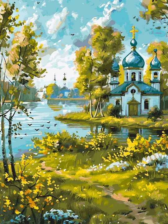 Картина по номерам без подрамника «Храм у реки» 130x100 см