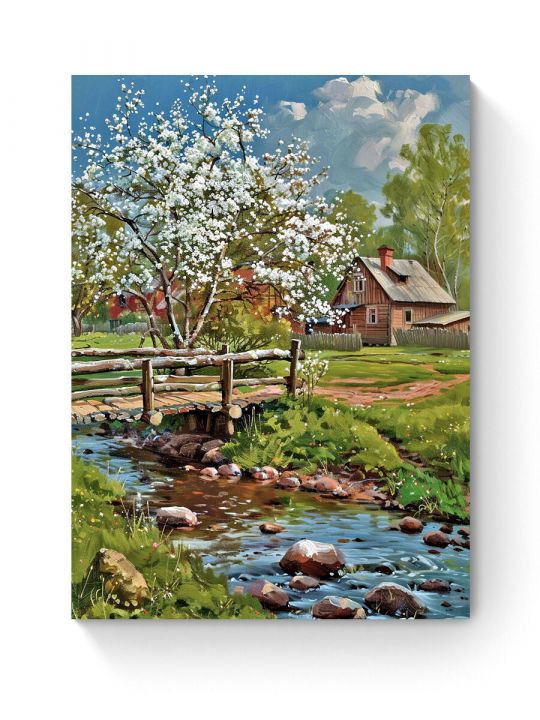 Алмазная мозаика на подрамнике «Весна в деревне» 40x30 см, 50 цветов