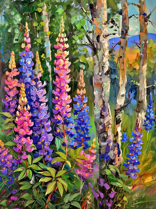 Алмазная мозаика без подрамника «Люпины в лесу» 130x100 см