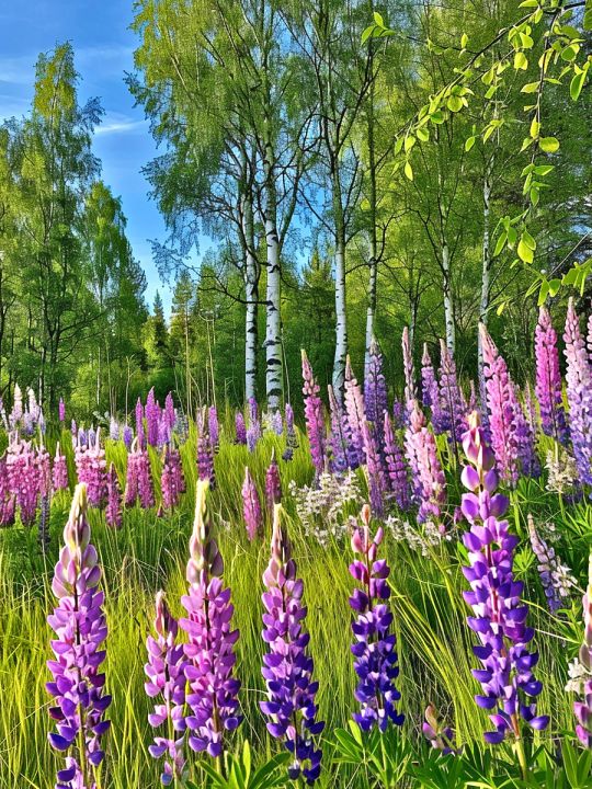 Алмазная мозаика без подрамника «Люпины в лесу» 40x30 см